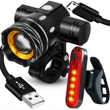 LAMPKA ROWEROWA ŚWIATŁO PRZÓD TYŁ LED NA ROWER KIEROWNICĘ MOCNA USB JASNA