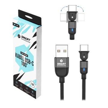 SMART HARDWARE KABEL PRZEWÓD 180° USB-A DO USB-C 9V 5V 3A 1M QC CZARNY LED