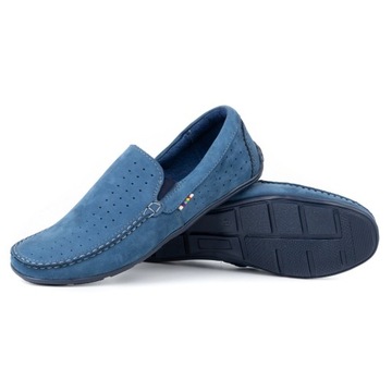 Buty męskie mokasyny skórzane na lato wsuwane 890 niebieskie 41
