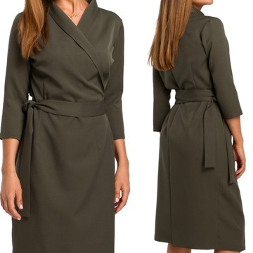 SUKIENKA ELEGANCKA CODZIENNA KOBIECA KOPERTOWA Z PASKIEM KHAKI 44 XXL