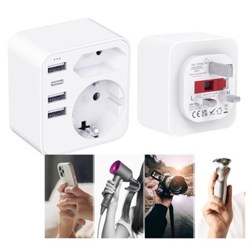 ADAPTER PODRÓŻNY EU do UK, WTYCZKA Z 3 PORTAMI USB+1 PORTEM USB-C 6 W 1