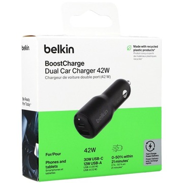 Автомобильное зарядное устройство Belkin - USB-C PD 3.0 3A PPS 30 Вт + USB-A 12 Вт, маленькое