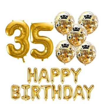 ZESTAW balony HAPPY BIRTHDAY na 35 URODZINY ZŁOTY konfetti