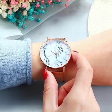 Zegarek ZŁOTY Damski Biała Tarcza Marmur Elegancki dla Kobiety