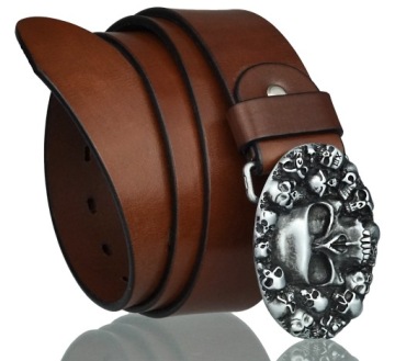 SKÓRZANY PASEK DO SPODNI 4 CM BRĄZOWY MOTOCYKLISTY CZASZKI