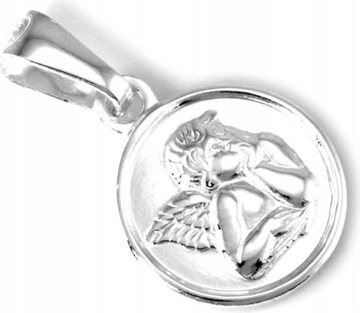 Okrągły medalik srebrny 925 kółko z aniołkiem na Chrzest i Komunię prezent