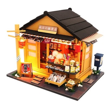 Drewniany Domek DIY Mebelki LED Sklejany Japonia Sushi Azja