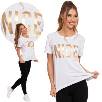 Koszulka Damska T-Shirt Bawełniana ze Złotym Błyszczącym Nadrukiem MORAJ XL