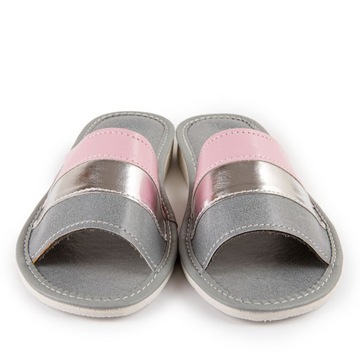 Pantofle damskie kapcie różowe w paski srebrne skóra r.42