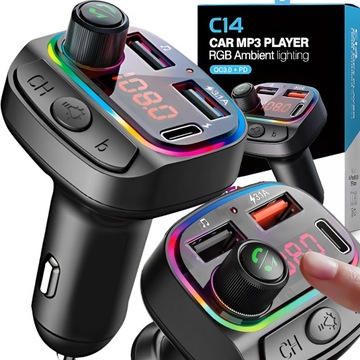 Transmiter bluetooth FM samochodowy SZYBKA ładowarka PD 24W QC3.0 USB-C RGB