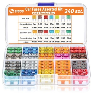 ZESTAW BEZPIECZNIKI SAMOCHODOWE 5/7.5/10/15 /20/25/30A 240 SZT