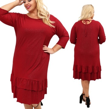 Bordowa Sukienka Koktajlowa Plus Size z falbanką r. 46/48