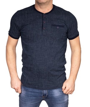 Koszulka męska elegancka jeans granat z kieszonką tshirt guziki Bastion 2XL