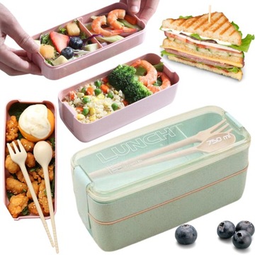 Lunchbox z Przegrodami Pojemnik na jedzenie ŚNIADANIÓWKA z Sztućcami ZIELON