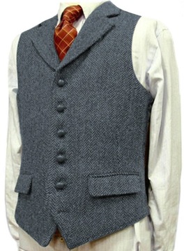 Mens Suit Brown Vest Lapel Wool Herringbone Retro