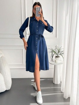 Shein Dżinsowa sukienka z klapami i kieszeniami Cottnline M