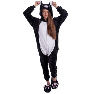 KOT Czarny Kotek PIŻAMA Kigurumi Onesie Damskie Kostium Dres S 146-154 cm