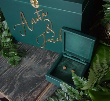 Большая ЗЕЛЕНАЯ Коробка для КОНВЕРТОВ + ЗОЛОТЫХ ОБРУЧАЛЬНЫХ КОЛЬЦЕВ L