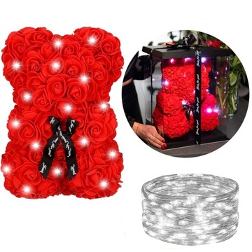 МЕДВЕДЬ С РОЗАМИ 30 СМ РОЗА МИШКА С ЛЕТЕСТЯМИ РОЗ БАНТ ПОДАРОЧНАЯ КОРОБКА+20LED