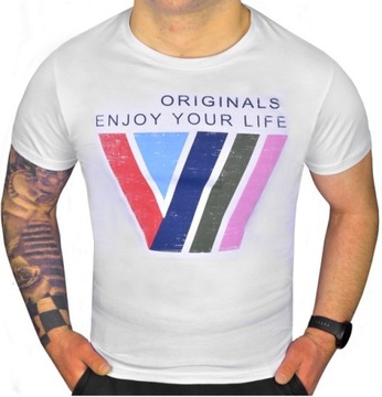 MĘSKI T-SHIRT KOSZULKA ELASTAN NADRUK SLIM KOLORY