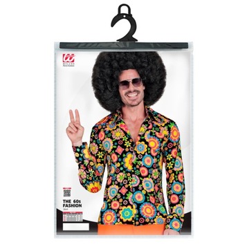 РУБАШКА МУЖСКАЯ, ЧЕРНАЯ, РАЗНОЦВЕТНЫЕ ЦВЕТЫ, ХИППИ 70-Х ГОД L/XL