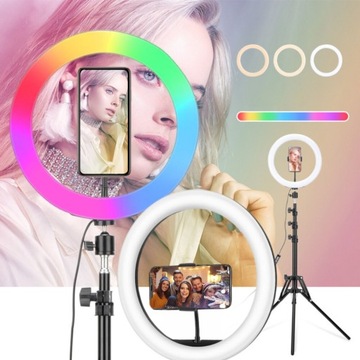 Lampa Pierścieniowa RGB LED Ring 26cm 80W ze Statywem Selfie YouTube TikTok