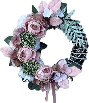 WIANEK KWIATOWY STROIK NA STÓŁ DRZWI WIKLINOWY WIENIEC PUDROWY RÓŻ LIŚCIE