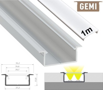 PROFIL LED NA 2 TAŚMY LED ALUMINIOWY WPUSZCZANY GEMI SREBRNY 1M Z KLOSZEM