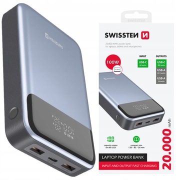 Powerbank SWISSTEN 20000 мАч 100 Вт для ноутбука и смартфона 2x USB-A 1x USB-C