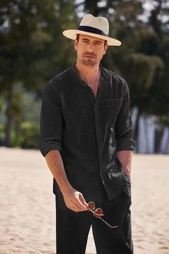 Удобный, модный мужской комплект из рубашки и брюк из льна с карманом.