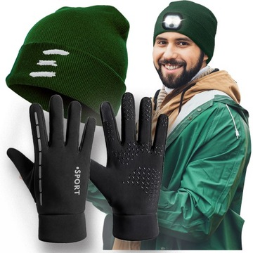 Czapka DLA MĘŻA CHŁOPAKA Z ODBLASKIEM ŚWIATEŁKIEM LED+RĘKAWICZKI DOTYKOWE