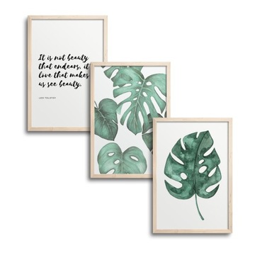 3x 30x40 CM ZESTAW TRZY OBRAZY PLAKAT W RAMIE DREWNIANEJ MONSTERA TRYPTYK