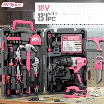 Высококачественный набор розовых инструментов из 81 предмета с розовой дрелью/отверткой.