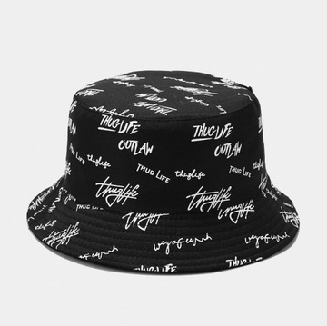 Bucket hat kapelusz czapka dwustronna czarna z napisem napis grafitti