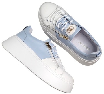 DAMISS DS-711 Sneakersy Biały+Błękit na platformie skóra lico r.36