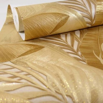 Tapeta LIŚCIE złote PALMY bananowca złoty brokat elagancka Flizelina