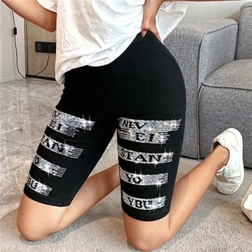 Black Stretch Rhinestone Skinny Shorts Women Leggi