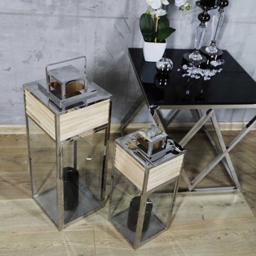 Duża srebrna latarnia lampion chrom+drewno 2w1 68c