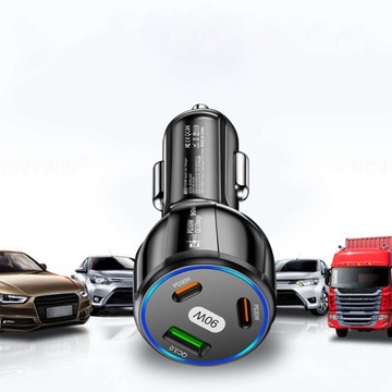 БЫСТРОЕ АВТОМОБИЛЬНОЕ ЗАРЯДНОЕ УСТРОЙСТВО 2xUSB-C C PD 30 Вт + USB QC 3.0 СИД МОЩНЫЙ ЧЕРНЫЙ