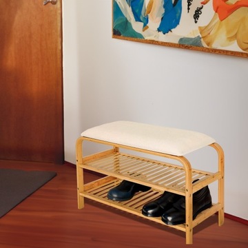 Półka na Buty Szafka Stojak Regał z Siedziskiem Bambusowa 70x30x46 Beżowa