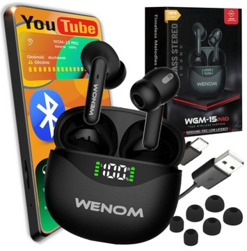 Słuchawki Bluetooth Bezprzewodowe Bluetooth Douszne Czarne Wenom WGM 15PRO