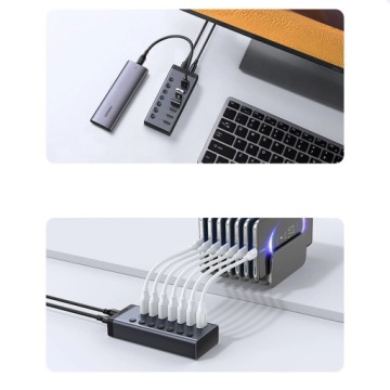 Многофункциональный концентратор Ugreen 7в1 USB Type C - 7x USB Type A 3.0 PD DC 12V серый