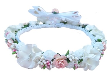 Wianek komunijny elegancki do komuni biały różowy pudrowy róż Angel