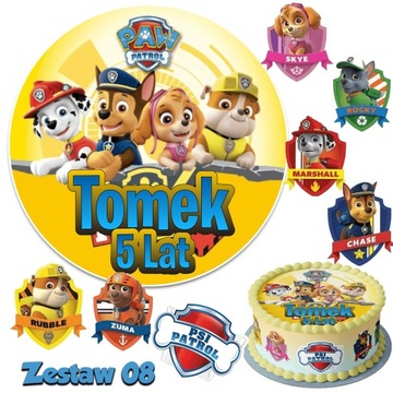 Zestaw Opłatek na tort PSI PATROL z Imieniem +7 Wyciętych Tarcz na Tort