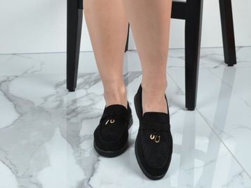 ELEGANCKIE DAMSKIE LORDSY ZAMSZOWE MOKASYNY CAŁE CZARNE