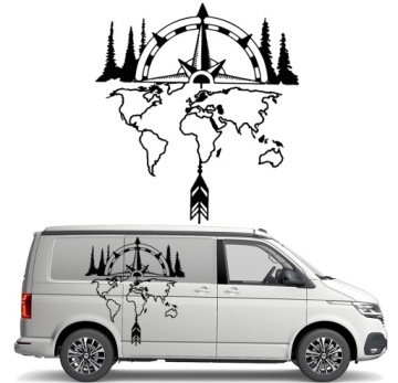 Samolepka na vozidlo karavan Kompas Růže Větrů Stromy Mapa Světa Les 90x98