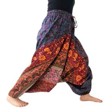 Szarawary spodnie alladynki haremki joga fioletowe wzory bawełna Indie