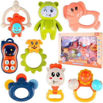 ZESTAW GRZECHOTEK SENSORYCZNE GRYZAKI 8 SZT GRZECHOTKI ZWIERZĄTKA