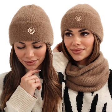 KOMPLET DAMSKI CZAPKA BEANIE KOMIN GOLF TUBA DUŻY ZESTAW CIEPŁY ZIMOWY KOL