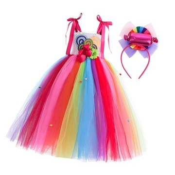 Dziewczęca sukienka w cukierki z opaską na głowę, bez rękawów, kolorowa tęczowa sukienka, tiul 110
